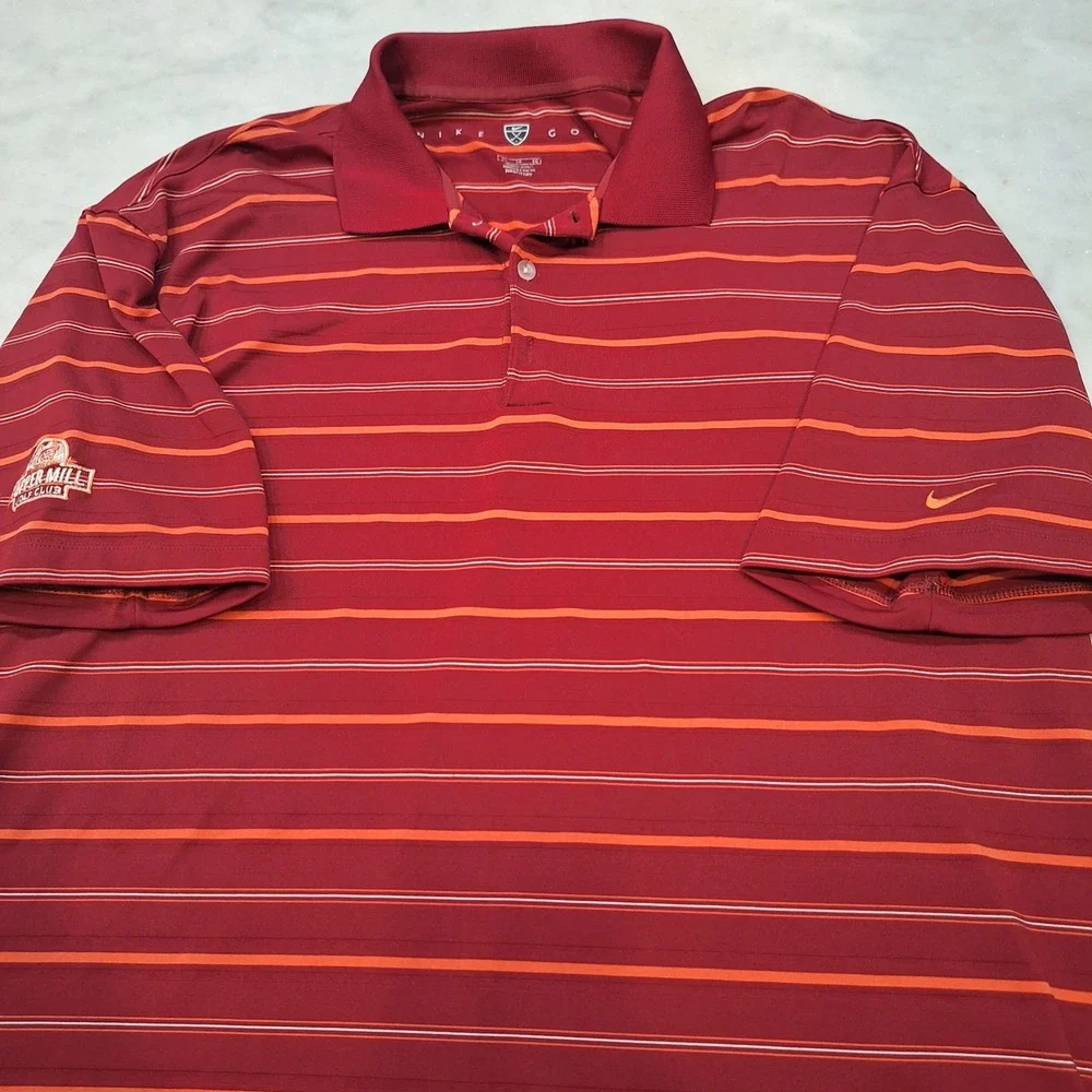 Nike Golf Polo Shirt Mens XL Dark Red Orange Striped Dri-FIT Copper Mill Logo